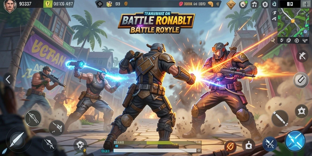 Screenshot gameplay penuh aksi dari 93337 di arena Battle Royale.