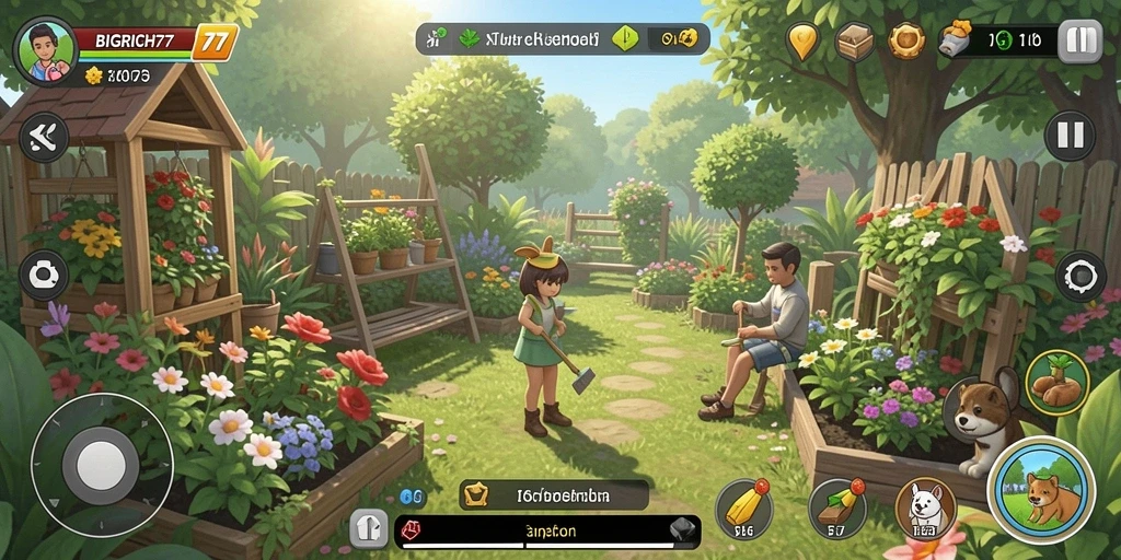 Tampilan screenshot dari gameplay <strong>BIGRICH77</strong> yang menunjukkan kebun yang subur dan beragam tanaman.