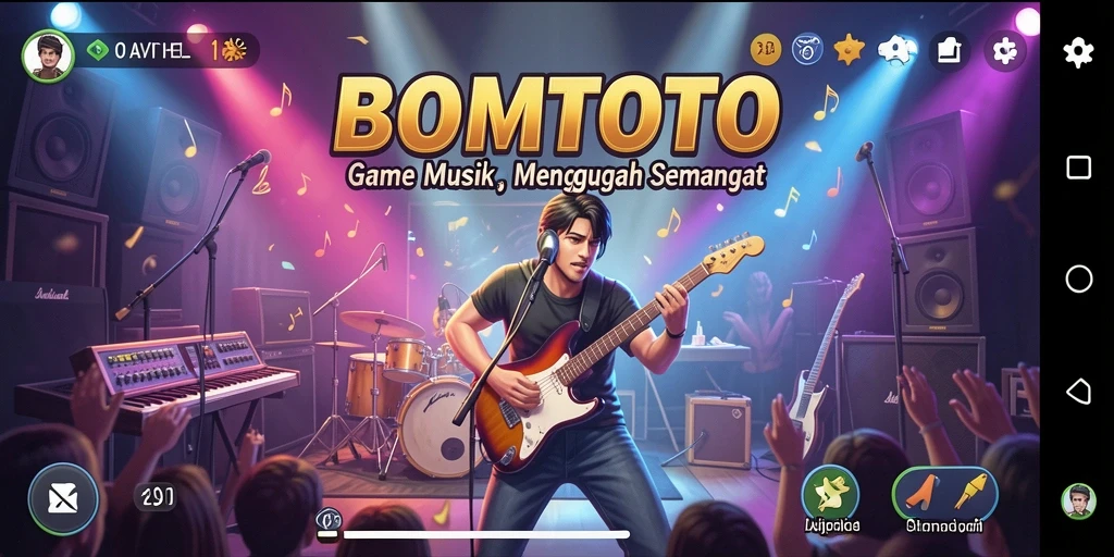 Tangkapan layar utama BOMTOTO menampilkan gameplay musik yang seru dan interaktif.