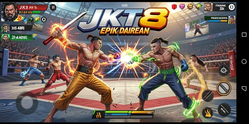 Tampilan gameplay JKT8 dengan pertarungan seru dan karakter unik.