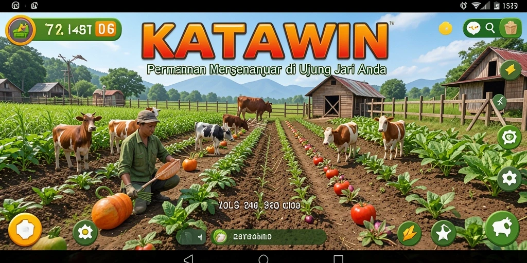 Screenshot gameplay KATAWIN yang menampilkan ladang pertanian yang subur.