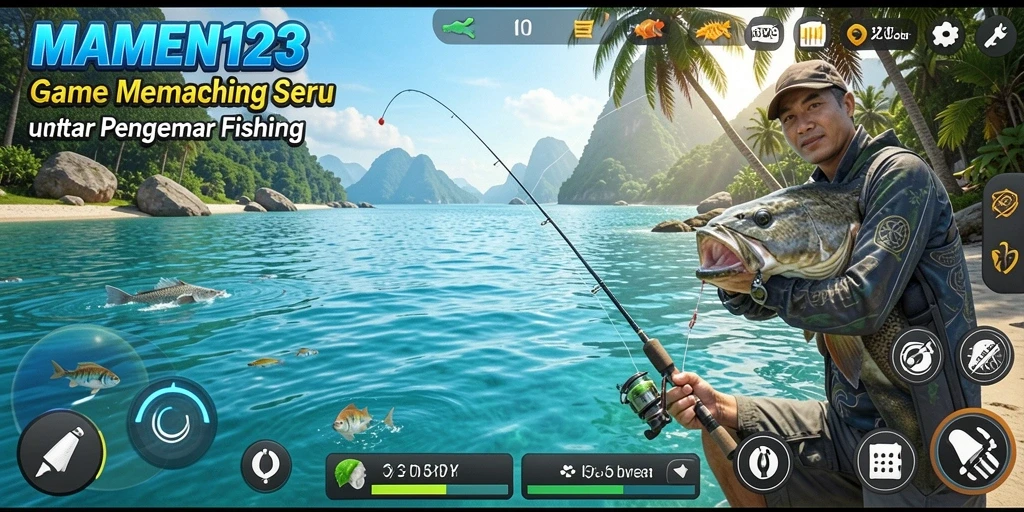 Tangkapan layar gameplay MAMEN123 dengan aksi memancing yang seru.