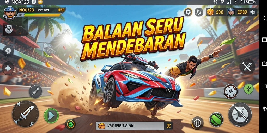Screenshot gameplay NOX123 menampilkan aksi balapan yang mendebarkan.