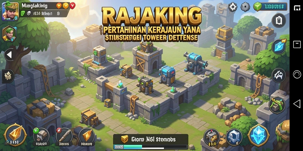 Screenshot menampilkan gameplay RAJAKING dengan menara dan musuh.