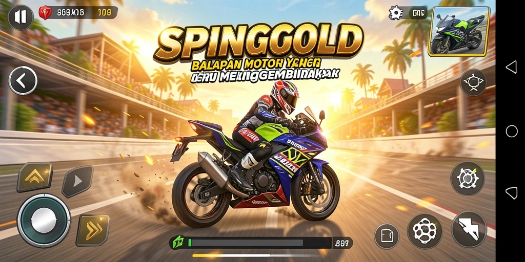 Screenshot SPINGOLD menampilkan aksi balap motor yang seru dan mendebarkan.
