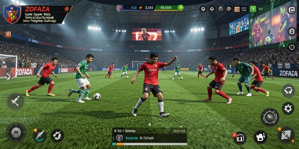 Screenshot gameplay ZOFAZA menampilkan pertandingan sepak bola yang mendebarkan.